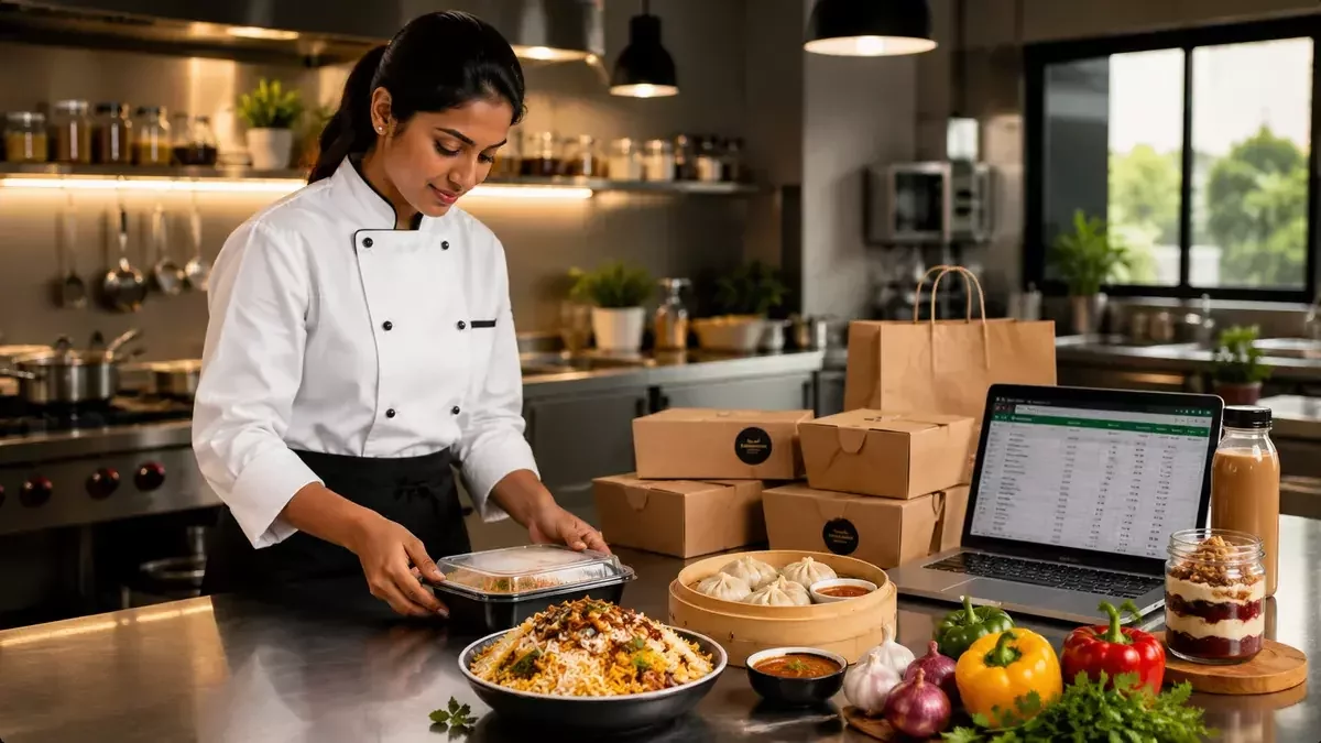 Culinary student preparing packaged food orders with biryani, momos, dessert jar, cold coffee and recipe costing sheet in a professional kitchen